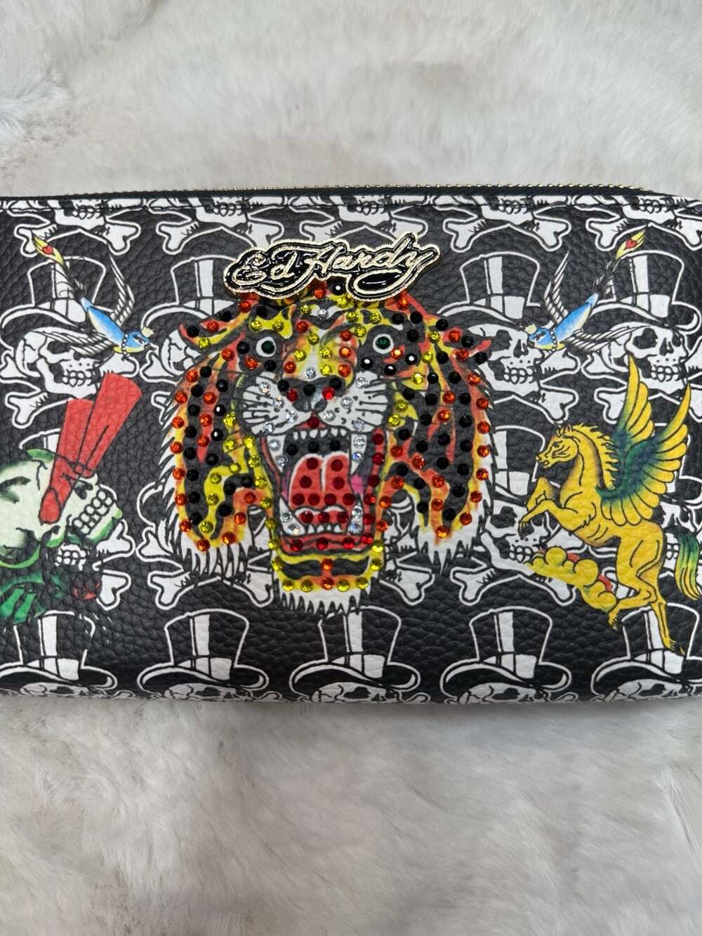 Ed Hardy Skull Print Rhinestone Tiger Double Zip Wallet Wristlet